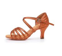 Morbuy Chaussures Danse Latine Femme Talon 7cm, Chaussures Latine Petit Talon Confortable Élégant Bout Ouvert T-Strap pour Danse Salon Tango Bachata Cha Cha, Toutes Les Niveaux (Marron,39)