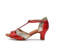Morbuy Chaussures de Danse Latine Femme, Sandales de Danse Salsa avec Talon 5.5cm, Chaussures de Salon Professionnelles pour Danse Salon Tango Bachata Cha Cha (079 Rouge,39)