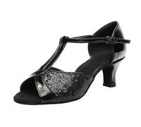 Morbuy Chaussures de Danse Latine Femme, Sandales de Danse Salsa avec Talon 5cm/7cm, Chaussures de Salon Professionnelles pour Danse Salon Tango Bachata Cha Cha (Paillettes Noires 5cm,42)