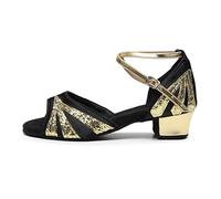 Morbuy Chaussures de Danse Latine Fille, Chaussures Danse Latine Enfant Petit Talon 3.5cm Confortable Élégant Bout Ouvert T-Strap pour Danse Salon Salsa Tango Bachata Cha Cha (Noir Jaune 1,33)