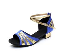 Morbuy Chaussures de Danse Latine Fille, Chaussures Danse Latine Enfant Petit Talon 3cm Confortable Élégant Bout Ouvert T-Strap pour Danse Salon Salsa Tango Bachata Cha Cha (Bleu,26)