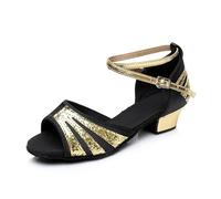 Morbuy Chaussures de Danse Latine Fille, Chaussures Danse Latine Enfant Petit Talon 3cm Confortable Élégant Bout Ouvert T-Strap pour Danse Salon Salsa Tango Bachata Cha Cha (Noir,29)