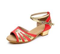 Morbuy Chaussures de Danse Latine Fille, Chaussures Danse Latine Enfant Petit Talon 3cm Confortable Élégant Bout Ouvert T-Strap pour Danse Salon Salsa Tango Bachata Cha Cha (Rouge,26)