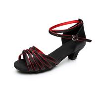 Morbuy Chaussures de Danse Latine Fille, Chaussures Danse Latine Enfant Petit Talon 4cm Confortable Élégant Bout Ouvert T-Strap pour Danse Salon Salsa Tango Bachata Cha Cha (Noir Rouge,27)