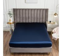 Morbuy Drap Housse 140x190, Bleu Marine Satin Draps Housses pour Matelas Épais Jusqu'à 30 cm, Luxe Drap-Housse en Microfibre Soyeux, Lisse Respirant et Doux