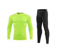 Morbuy Ensemble Compression Homme 2 Pièces, Couleur Unie Tenue de Sport Homme à Séchage Rapide, Compression à Manches Longues + Legging Sport pour Running Fitness (Vert fluorescent,XL)