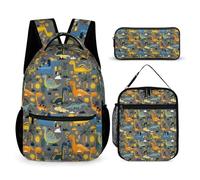 Morbuy Ensemble Sac à Dos Enfant, Motif Dinosaure 3D Cartable 3 Pieces pour Fille Garçon, Sacs d'École + Sac à Déjeuner Isotherme + Trousse à Crayons, pour Étudiant Voyage (Dinosaure Jaune)