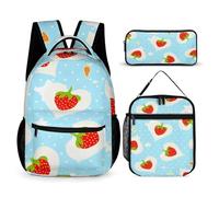 Morbuy Ensemble Sac à Dos Enfant, Motif Fraise 3D Cartable 3 Pieces pour Fille Garçon, Sacs d'École + Sac à Déjeuner Isotherme + Trousse à Crayons, pour Étudiant Voyage Outdoor (Cœur d'amour)