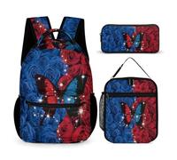 Morbuy Ensemble Sac à Dos Enfant, Motif Papillon 3D Cartable 3 Pieces pour Fille Garçon, Sacs d'École + Sac à Déjeuner Isotherme + Trousse à Crayons, pour Étudiant Voyage Outdoor (Fleur de Rose)