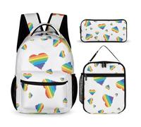Morbuy Ensemble Sac à Dos Enfant,Style Arc en Ciel Cartable 3 Pieces pour Fille Garçon, Sacs d'École + Sac à Déjeuner Isotherme + Trousse à Crayons, pour Étudiant Voyage Outdoor (Cœur d'amour)