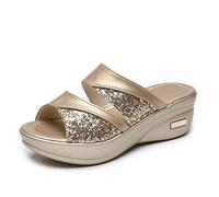 Morbuy Femmes Talon Compensées Plateforme Sandales, Casual Plate Bout Ouvert Slip-on Chaussures Été Mode Paillettes Open Toe Non-Slip Chaussures de Plage Confortable (CN38,d'or)