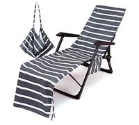 Morbuy Housse de Chaise de Plage Longue en Microfibre, Couleur Unie Rayé Serviette de Plage avec Poches de Rangement, Housse de Transat Pliable et Légère pour Bain de Soleil, Jardin (Gris foncé)