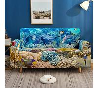 Morbuy Housses de Canapé Imprimé Extensible, 3D Océan Revêtement de Canapé avec Accoudoirs Sofa Elastique Couverture Fauteuil Protecteur Décor de la Salon (2 Places,Dauphin)