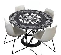 Morbuy Mandala Rondes Nappes avec Bord Élastique, Imprimé Nappes Rondes Anti Taches Lavable, Imperméable Polyester Nappe de Table pour Cuisine Jardin Fête Table (Noir Blanc,100cm)