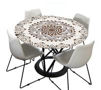 Morbuy Mandala Rondes Nappes avec Bord Élastique, Imprimé Nappes Rondes Anti Taches Lavable, Imperméable Polyester Nappe de Table pour Cuisine Jardin Fête Table (Couleur Crème,150cm)