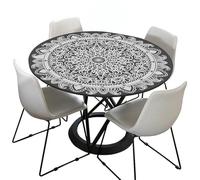 Morbuy Mandala Rondes Nappes avec Bord Élastique, Imprimé Nappes Rondes Anti Taches Lavable, Imperméable Polyester Nappe de Table pour Cuisine Jardin Fête Table (Gris Noir,120cm)