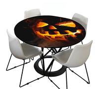 Morbuy Nappe Ronde Anti Taches, Halloween Nappe de Table avec Bord Élastique Ajustée, Imperméable Polyester Couverture de Table de pour Cuisine Jardin Fête (Lanterne Citrouille,Diamètre 130cm)