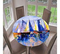 Morbuy Nappe Ronde Anti Taches, Peinture Nappe de Table avec Bord Élastique Ajustée, Imperméable Polyester Couverture de Table de pour Cuisine Jardin Fête (Voilier,Diamètre 170cm)