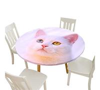 Morbuy Nappe Ronde Élastique Imperméable, 3D Chat Imprimé Nappes Ajustable Bord Anti Taches Couverture de Table pour Décoration Salle à Manger Jardin Fête (Chat Blanc,Diamètre 150cm)