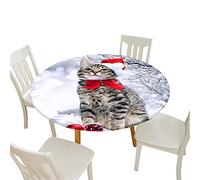 Morbuy Nappe Ronde Élastique Imperméable, 3D Chat Imprimé Nappes Ajustable Bord Anti Taches Couverture de Table pour Décoration Salle à Manger Jardin Fête (Chapeau de Noël,Diamètre 150cm)
