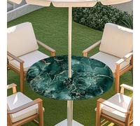 Morbuy Nappe Ronde Extérieur avec Trou pour Parasol, Grain de Pierre Marbre Nappe Ronde avec Bord Élastique Couverture de Table Extérieur Imperméable Anti Tache (Vert foncé,78-88cm)