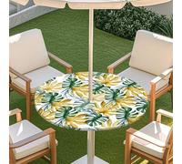 Morbuy Nappe Ronde Extérieur avec Trou pour Parasol, Motif Feuille Plante Tropical 3D Nappe Ronde avec Bord Élastique Couverture de Table Imperméable Anti Tache (Feuille kaki,114-137cm)