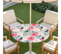 Morbuy Nappe Ronde Extérieur avec Trou pour Parasol, Motif Floral 3D Nappe Ronde avec Bord Élastique Couverture de Table Imperméable Anti Tache pour Decoration (Papillon bleu,91-111cm)