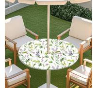 Morbuy Nappe Ronde Extérieur avec Trou pour Parasol, Motif Floral 3D Nappe Ronde avec Bord Élastique Couverture de Table Imperméable Anti Tache pour Decoration (Plante,91-111cm)
