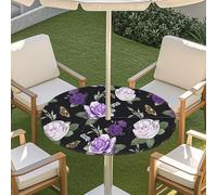 Morbuy Nappe Ronde Extérieur avec Trou pour Parasol, Motif Floral 3D Nappe Ronde avec Bord Élastique Couverture de Table Imperméable Anti Tache pour Decoration (Fleur violette,114-137cm)