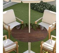 Morbuy Nappe Ronde Exterieur avec Trou pour Parasol, Motif Planche de Bois 3D Nappe Ronde Jardin Impermeable avec Bord Élastique Couverture de Table Anti Tache (Pomme de pin,91-111cm)
