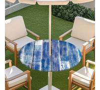 Morbuy Nappe Ronde Exterieur avec Trou pour Parasol, Motif Planche de Bois 3D Nappe Ronde Jardin Impermeable avec Bord Élastique Couverture de Table Anti Tache (Planche de bois bleue,78-88cm)