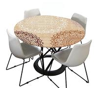 Morbuy Nappe Rondes 120cm avec Bord Élastique, Beige Impermeable Nappe Anti Tache Lavable Imprimé Mandala Nappe de Table pour Cuisine Jardin Fête Table (pour Le Tableau 100-110 cm)
