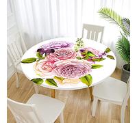 Morbuy Nappes Rondes, Mode Beauté Fleurs Impression Nappes Anniversaire Anti Taches Lavable, Imperméable Jardin Nappe de Table avec Bord Élastique pour Cuisine Fête Table (90cm,Rose Rose)