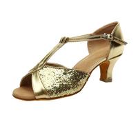 Morbuy Pailleté Chaussures Danse Latine Femme, Sandales de Danse Salsa Talon 5 cm,Confortable Conception à Sangle Réglable, Chaussures Latine pour Danse Salon Tango Bachata Cha Cha (Or,42)
