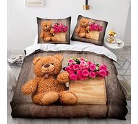 Morbuy Parure de Lit pour 1/2 Personnes, Teddy Bear Imprimé Sets de Housse de Couette avec Housse de Couette en Microfibre + Taies d'oreillers 65x65 cm (220x240cm,Rose)
