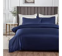 Morbuy Parure de lit simple en satin de soie avec housse de couette et 2 taies d'oreiller - Facile d'entretien - 3 pièces - 135 x 200 cm - Bleu marine