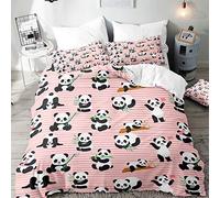 Morbuy Parures de Lit Dessin Animé, Housse de Couette 220x240 avec 2 Taies d'oreillers 50x75, Panda Parure de Lit Adulte, Doux Microfibre, Rayures Roses Motif