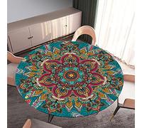 Morbuy Rondes Nappes avec Bord Élastique, Nappes Rondes Anti Taches Lavable, Imperméable Polyester Nappe de Table Imprimé de Mandala pour Cuisine Jardin Fête Table (Orange Verte,Diamètre 120cm)