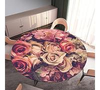 Morbuy Rondes Nappes avec Bord Élastique, Nappes Rondes Anti Taches Lavable, Imperméable Polyester Nappe de Table Imprimé de Rose Fleur pour Cuisine Jardin Fête Table (Fleur Beige,Diamètre 100cm)