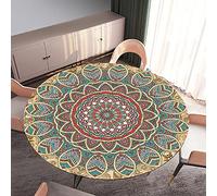 Morbuy Rondes Nappes avec Bord Élastique, Nappes Rondes Anti Taches Lavable, Imperméable Polyester Nappe de Table Imprimé de Mandala pour Cuisine Jardin Fête Table (Rouge Bleu,Diamètre 150cm)