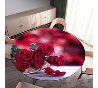 Morbuy Rondes Nappes avec Bord Élastique, Nappes Rondes Anti Taches Lavable, Imperméable Polyester Nappe de Table Imprimé de Rose Fleur pour Cuisine Jardin Fête Table (Rose Rouge,Diamètre 90cm)
