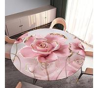 Morbuy Rondes Nappes avec Bord Élastique, Nappes Rondes Anti Taches Lavable, Imperméable Polyester Nappe de Table Imprimé de Rose Fleur pour Cuisine Jardin Fête Table (Rose Rose,Diamètre 120cm)
