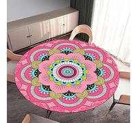 Morbuy Rondes Nappes avec Bord Élastique, Nappes Rondes Anti Taches Lavable, Imperméable Polyester Nappe de Table Imprimé de Mandala pour Cuisine Jardin Fête Table (Rose,Diamètre 120cm)