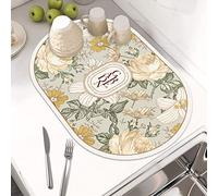 Morbuy Tapis pour Evier Cuisine Égouttoir, Motif Fleurs Forme Ovale Tapis de Séchage Absorbant Vaisselle/Tapis pour Évier Séchage Rapide/Tapis Vaisselle Egouttoir (40x60cm,Fleurs blanches)