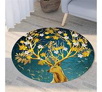 Morbuy Tapis Rond Lavable en Machine, Style Chinois 3D Bleu Doré Interieur Anti Slip Chambre à Coucher Salon Tapis d'Entrée Absorbant Antidérapant (100cm,Fleur d'or)