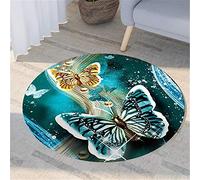 Morbuy Tapis Rond Lavable en Machine, Style Chinois 3D Bleu Doré Interieur Anti Slip Chambre à Coucher Salon Tapis d'Entrée Absorbant Antidérapant (60cm,Papillon Bleu)