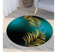 Morbuy Tapis Rond Lavable en Machine, Style Chinois 3D Bleu Doré Interieur Anti Slip Chambre à Coucher Salon Tapis d'Entrée Absorbant Antidérapant (120cm,Feuilles d'or)