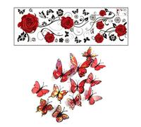 Morceau D'Autocollants Muraux Roses Et 12 Morceaux De Papillon Décoratif, Décoration De Maison, Autocollant Mural Élé, Adapté Au Salon, À La Chambre, Au Couloir, Etc.