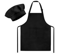 Morcheiong Ensemble toque et tablier de chef pour enfants, tablier de peinture réglable noir et toque de chef avec 2 grandes poches pour enfants pour la cuisine, la peinture, la pâtisserie, Noir ,