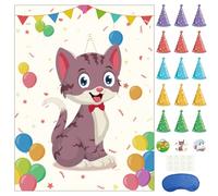 Morcheiong Jeu de fête d'anniversaire Pin The Tail on The Cat avec 48 chapeaux, cadeaux de fête d'anniversaire sur le thème du chat, fournitures de décoration pour enfants